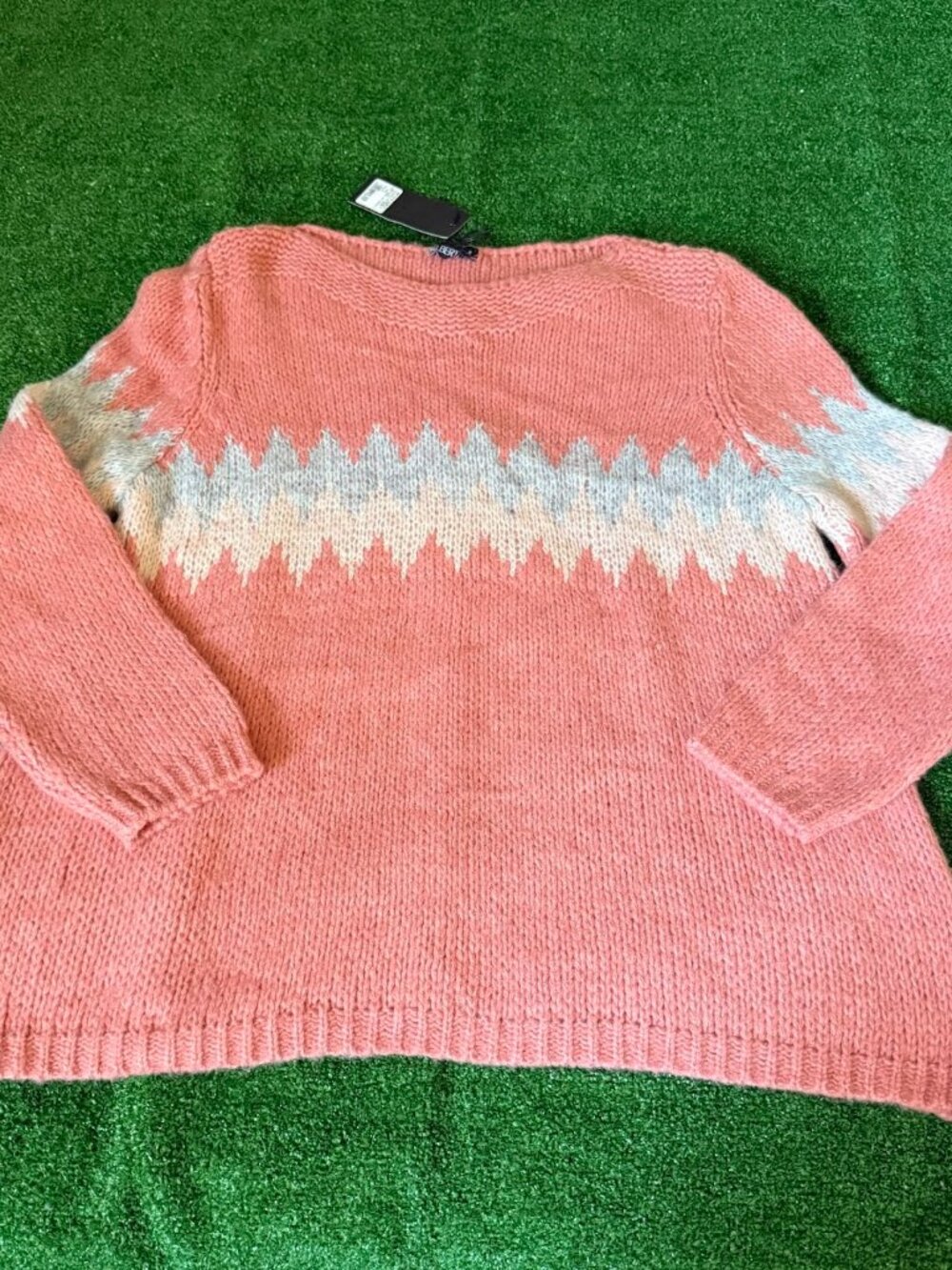 Albertini Pink Nordic Fair Isle Sweater Mohair Wool Chunky Knit Cozy Women L NWT